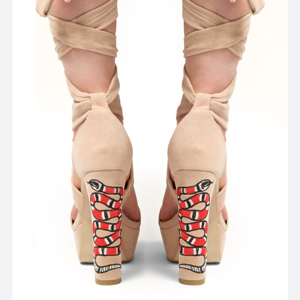Herstyle Nude Heels with Red Snake Embroidery